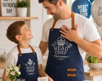 Delantales personalizados bordados para papá e hijo, juego de delantales de lona a juego para barbacoa con bolsillos, regalo de cocina para el Día del Padre