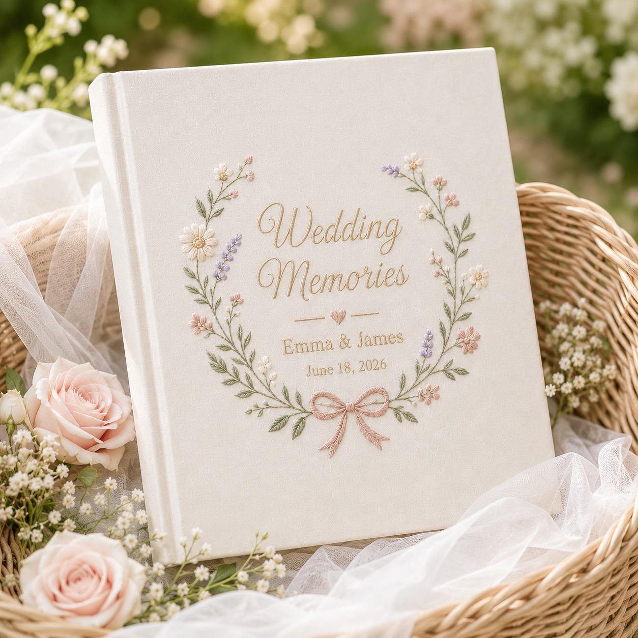 Personalized Embroidered Wedding Album, Custom Couple Name & Date, Linen Photo Book, Romantic Floral Keepsake, Bridal Gift