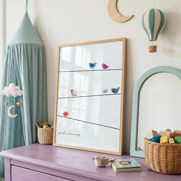 Pájaros en un alambre | Arte para la habitación del bebé // Lámina impresa para bebé / Impresión digital