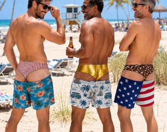 Costume da bagno divertente da uomo, pantaloncini da spiaggia personalizzati con finta biancheria intima, regalo scherzoso di compleanno per lui