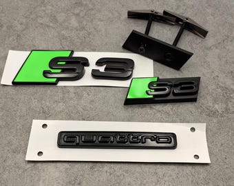 Zestaw 3 błyszczących, zielono-czarnych emblematów tylnych S3, znaczek na grill S3, logo Quattro tylne, pasuje do Audi S3 A3 8V 2013-2020