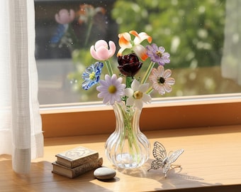 Flor de cristal artesanal con forma de flor de nacimiento, regalo personalizado para ella, figurita en jarrón pequeño, regalo para mamá, recuerdo floral para el escritorio.