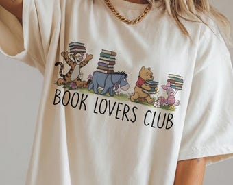 Disney Winnie The Pooh Book Lovers Club Shirt, Tigger Eeyore Piglet Reading Tee, Cute Bookworm Disney Character, Teacher Librarian Gift Tee