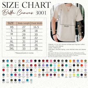 Puede incluir: Tabla de tallas para camisetas Bella Canvas 3001, con medidas en pulgadas. Incluye largo del cuerpo y ancho del pecho para tallas XS a 3XL. Opciones de color y detalles del producto.