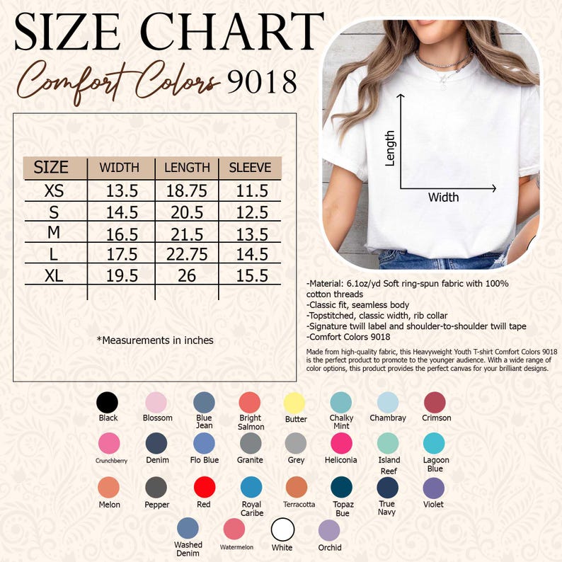 Puede incluir: Una tabla de tallas para camisetas Comfort Colors 9018, con medidas en pulgadas. La tabla incluye tallas XS a XL, detallando ancho, largo y dimensiones de la manga. Tambi&eacute;n se muestra una paleta de colores con varias opciones.