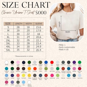 Puede incluir: Tabla de tallas para una camiseta unisex cl&aacute;sica 5000, con medidas en pulgadas. La tabla incluye tallas de la S a la 5XL, con medidas de largo, ancho y manga. Las opciones de color se enumeran debajo de la tabla. La camiseta es personalizable.