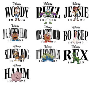 May include: A collection of Disney Toy Story character graphics, including Woody, Buzz Lightyear, Jessie, Mr. and Mrs. Potato Head, Bo Peep, Slinky Dog, Little Green Men, Rex, and Hamm. Each character is displayed with the Disney logo and the year 1995 or 1999.