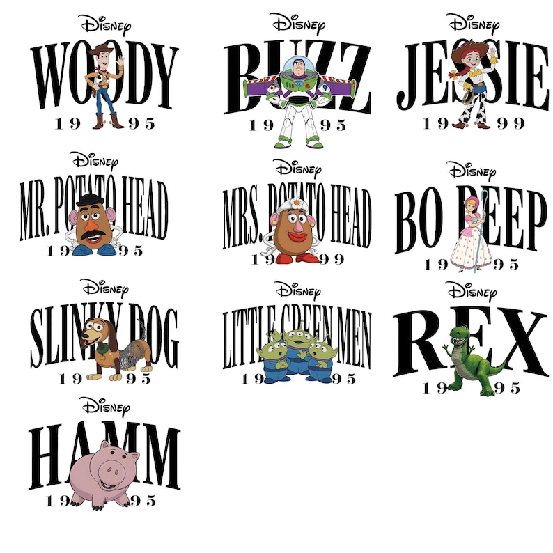 May include: A collection of Disney Toy Story character graphics, including Woody, Buzz Lightyear, Jessie, Mr. and Mrs. Potato Head, Bo Peep, Slinky Dog, Little Green Men, Rex, and Hamm. Each character is displayed with the Disney logo and the year 1995 or 1999.