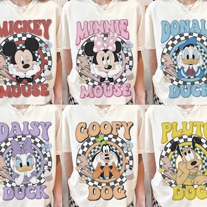 Retro Disney Character Shirts, Mickey Minnie Donald Daisy Goofy Pluto Shirt, Vintage Cartoon Tee, Checkerboard Disney Shirt