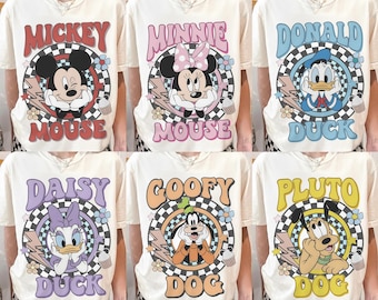 Camisetas retro de personajes Disney, camiseta de Mickey, Minnie, Donald, Daisy, Goofy y Pluto, camiseta vintage de dibujos animados, camiseta Disney a cuadros