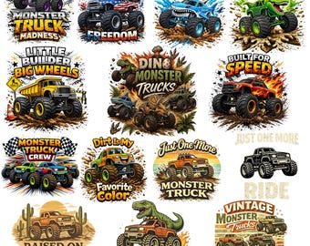Paquete de imágenes PNG de Monster Truck, diseños de camiones para niños, imágenes PNG de camiones dinosaurio, diseño de camisetas para niños, camiones todoterreno, archivos de sublimación.