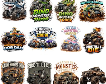 Paquete de imágenes PNG de Monster Truck, diseños de camiones para niños, imágenes PNG de camiones dinosaurio, diseño de camisetas para niños, camiones todoterreno, archivos de sublimación.