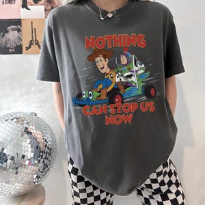 May include: Dark gray t-shirt featuring a graphic of Woody and Buzz Lightyear in a go-kart with the text "NOTHING CAN STOP US NOW" in red. The shirt is a short-sleeved crew neck.