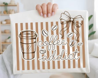 Coquette Coffee Addict Png Svg, Retro Striped Coffee Quote Png, Trendy Coffee Lover Bow Design, Neutral Brown Coffee Png