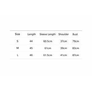 May include: A white background displays a size chart for clothing. The chart includes sizes S, M, and L, with measurements for length, sleeve length, shoulder, and bust in centimeters. The length measurements are 44, 45, and 46.