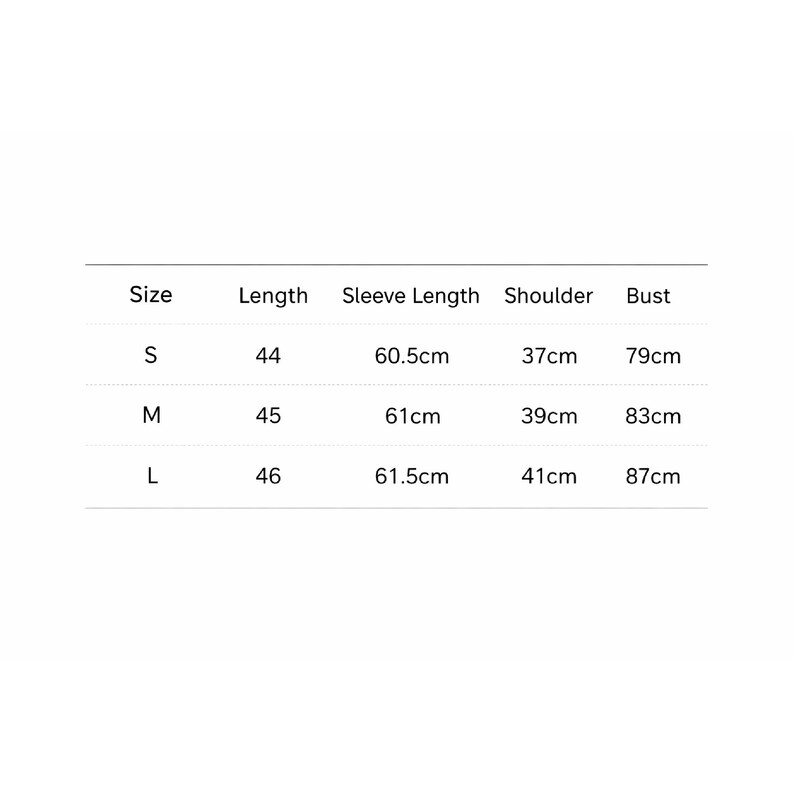 May include: A white background displays a size chart for clothing. The chart includes sizes S, M, and L, with measurements for length, sleeve length, shoulder, and bust in centimeters. The length measurements are 44, 45, and 46.