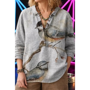 Women Floral Button Shirt, Casual Loose Fit Blouse, Artistic Print Long Sleeve Boho Top