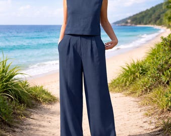 Women’s Sleeveless Wide Leg Jumpsuit | Casual Cotton Blend Outfit | Elegant Beach Vacation Clothing