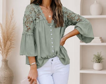 Boho Lace Blouse Women | Elegant Lace Sleeve Top | Casual Chic Summer Shirt |