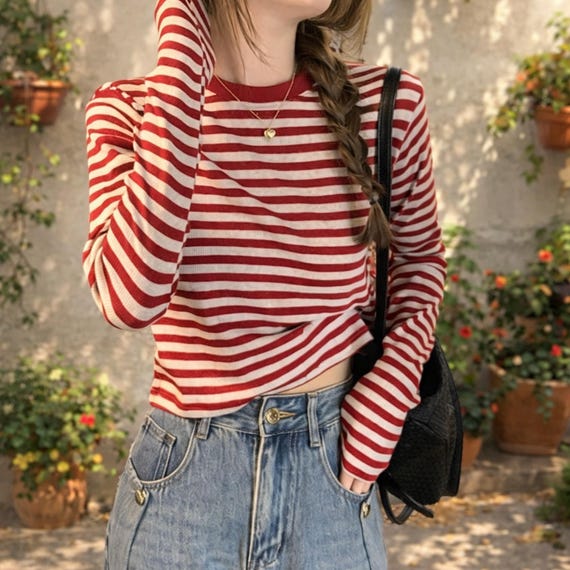 Striped Long Sleeve Crop Top | Cotton Blend Slim Fit Streetwear Tee