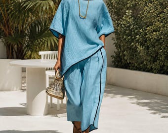 Elegant Women’s Two Piece Set, Flowy Tunic Top, Wide Leg Pants, Boho Outfit