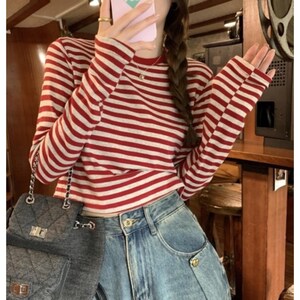 Striped Long Sleeve Crop Top | Cotton Blend Slim Fit Streetwear Tee image 4