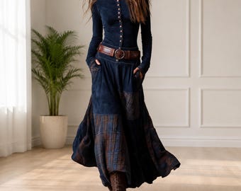 Vestido largo estilo bohemio, manga larga, botones en la parte delantera, detalle de cuadros.