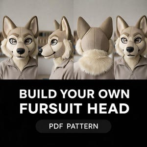 May include: A four-panel image showcasing a fursuit head in various views. The head is a wolf design, featuring tan and cream colors with a fluffy neck. The text "BUILD YOUR OWN FURSUIT HEAD" and "PDF PATTERN" are displayed below.