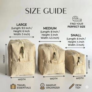 May include: Three beige canvas zippered cosmetic bags of varying sizes. The largest is 9.5 inches long, 6 inches high, and 5 inches wide. The medium bag is 8 inches long, 5 inches high, and 4.5 inches wide. The smallest is 6 inches long, 4 inches high, and 3 inches wide.
