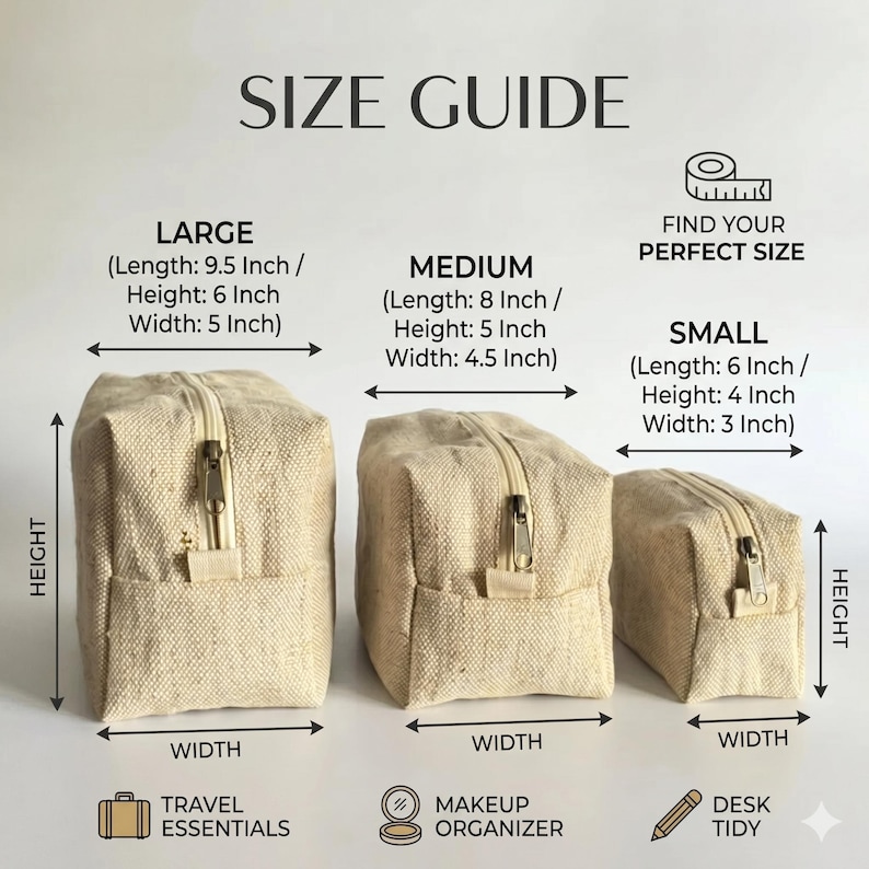 May include: Three beige canvas zippered cosmetic bags of varying sizes. The largest is 9.5 inches long, 6 inches high, and 5 inches wide. The medium bag is 8 inches long, 5 inches high, and 4.5 inches wide. The smallest is 6 inches long, 4 inches high, and 3 inches wide.