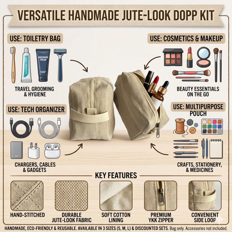 May include: Versatile handmade jute-look Dopp kit. The image shows two beige pouches, one open and filled with cosmetics. The kit is designed for toiletries, tech, cosmetics, and crafts. Key features include hand-stitching, durable fabric, soft lining, a YKK zipper, and a side loop.