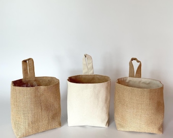 Handmade Square Jute Canvas Hanging Basket, Farmhouse Nursery Organizer, Wall Pocket