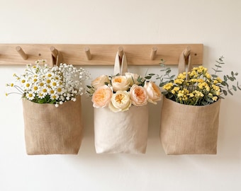 Handmade Square Jute Canvas Hanging Basket, Farmhouse Nursery Organizer, Wall Pocket