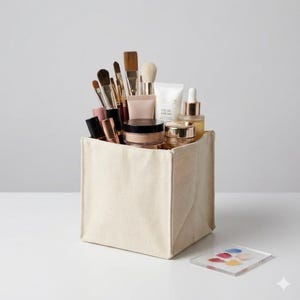 Puede incluir: Un contenedor de almacenamiento de lona beige lleno de brochas de maquillaje, barras de labios y productos para el cuidado de la piel. El contenedor es rectangular y está sobre una superficie blanca. Una pequeña paleta de muestras de maquillaje de colores está en primer plano.