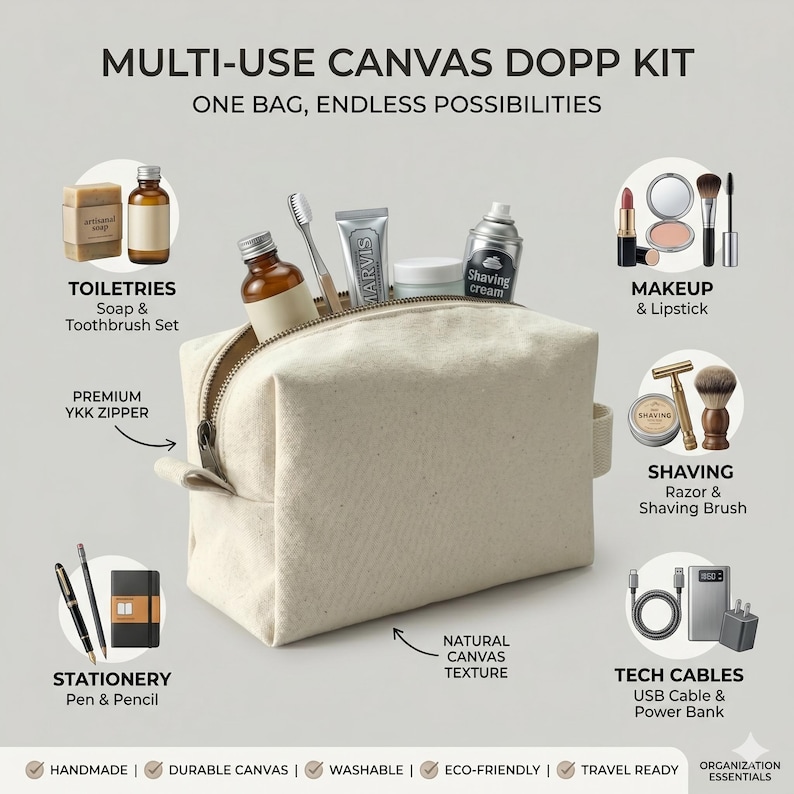 Op de afbeelding: Een multi-use canvas Dopp kit met de tekst "ONE BAG, ENDLESS POSSIBILITIES". De kit bevat toiletartikelen, make-up, scheerspullen, briefpapier en tech kabels. De tas heeft een natuurlijke canvas textuur en een premium YKK rits.