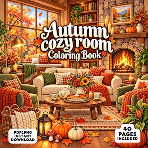 Può includere: Un libro da colorare Autumn cozy room con 40 pagine incluse. La copertina mostra un soggiorno con camino, un divano con coperte arancioni, un tavolino con una torta e zucche. Il testo recita Autumn cozy room Coloring Book.