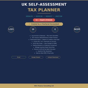 Puede incluir: Gráfico azul oscuro con el texto "UK Self-Assessment Tax Planner" y los años de versión 2024/25 a 2027/28. Incluye funciones como registro de facturas, columnas de IVA y cálculos de impuestos sobre la renta. Opciones para Excel, Google Sheets y descarga instantánea.