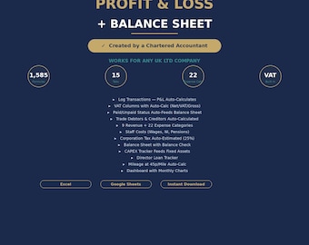 May include: A dark blue graphic with the text "UK LIMITED COMPANY PROFIT & LOSS + BALANCE SHEET." It includes a list of features such as VAT calculations, balance sheets, and expense categories. The image also states it works for any UK LTD company.