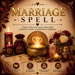 Könnte beinhalten: Eine Grafik mit dem Text MARRIAGE SPELL, zwei roten Kerzen, einem Samtbeutel mit Herzstickerei, einem goldenen Kessel mit leuchtenden Herzen, einem Rosenstrauß, einem Kristall, einer kleinen Flasche und einer Pergamentzeichnung eines Paares.