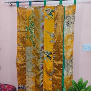 Recycle Sari Silk Yellow Patchwork Curtains Indian Boho Window Drapes (84" Length)