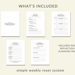 May include: A collection of white planner pages with text, including "Weekly Reset Planner," "Weekly Reset," "Weekly Overview," "Priorities Focus," and "Weekly Reflection." The text "WHAT'S INCLUDED" and "INCLUDES RESET, REFLECTION & PLANNING PAGES" are also visible.