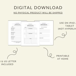 May include: Digital download of printable planner pages. The pages include sections for priorities, weekly overview, and reflection. The text includes "Digital Download" and "Printable at Home". The planner is available in A4 and US Letter sizes.