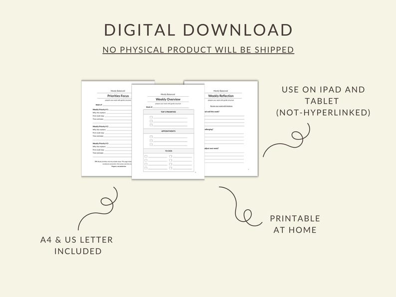 May include: Digital download of printable planner pages. The pages include sections for priorities, weekly overview, and reflection. The text includes "Digital Download" and "Printable at Home". The planner is available in A4 and US Letter sizes.