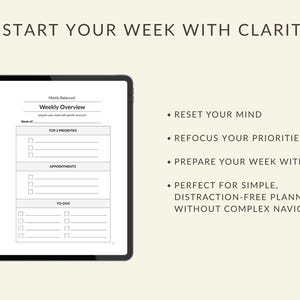 May include: A digital tablet displaying a weekly planner template with sections for priorities, appointments, and to-dos. The text "START YOUR WEEK WITH CLARITY" is at the top. Bullet points highlight benefits like refocusing priorities and easy planning.