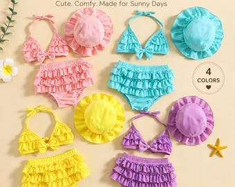 Baby Girl Ruffle Bikini Set with Hat, Toddler Swimsuit 2 Piece, Summer Beach Outfit, Cute Infant Swimwear, Baby Bathing Suit Gift
