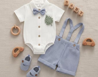 Baby Boy Gentleman Outfit, Summer Romper, Suspender Shorts, Bowtie Set