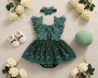 Vestido macacão de renda para bebê menina com faixa de cabelo, roupa de princesa para o verão