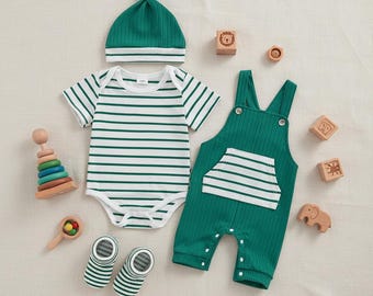 Baby Boy Striped Romper, Suspender Pants, Hat Set – Summer Casual Outfit