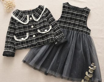 Completo elegante da festa per bambina composto da giacca in tweed e vestito in tulle – Completo da festa raffinato