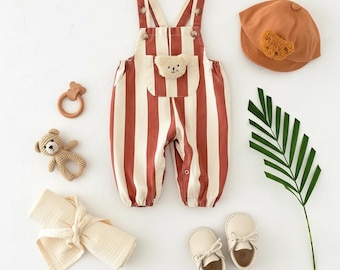 Striped Baby Romper with Bear Doll, Infant Overall Jumpsuit, Unisex Baby Outfit
